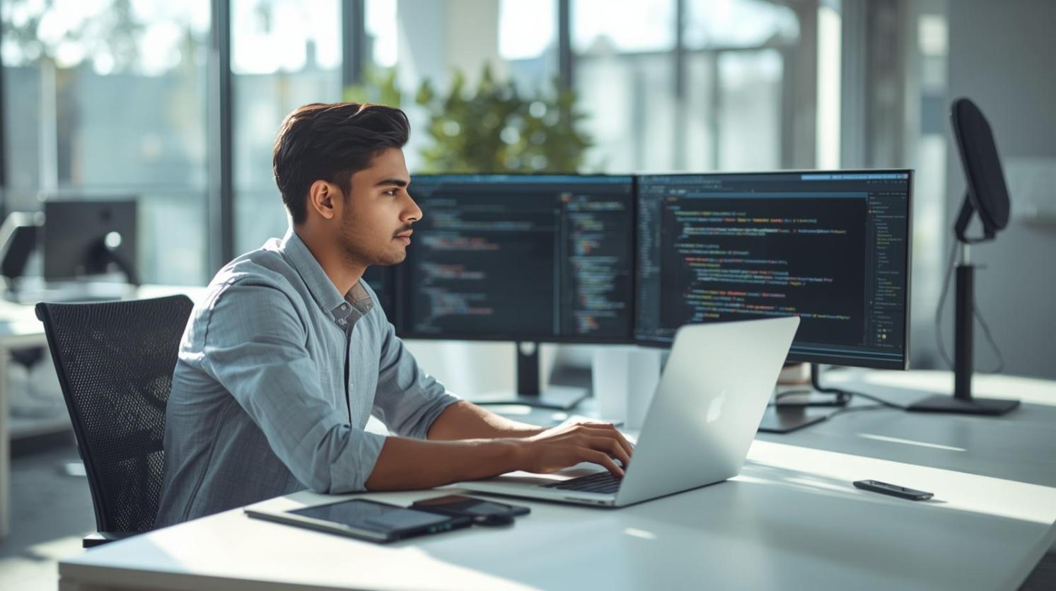 Developer recording coding tutorial in bright workspace, focused, natural, educational atmosphere.