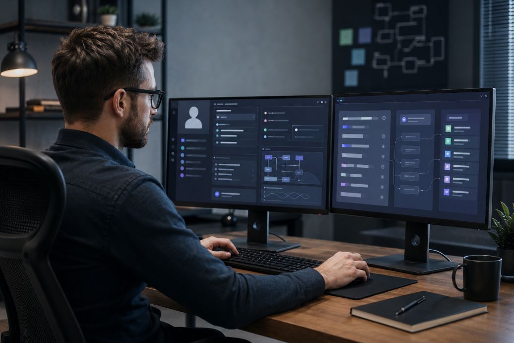 Developer Reviewing AI Resume on Dual Monitors